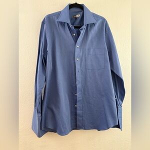 Bianco Nero  blue long-sleeved dress shirt French cuffs subtle herringbone 42